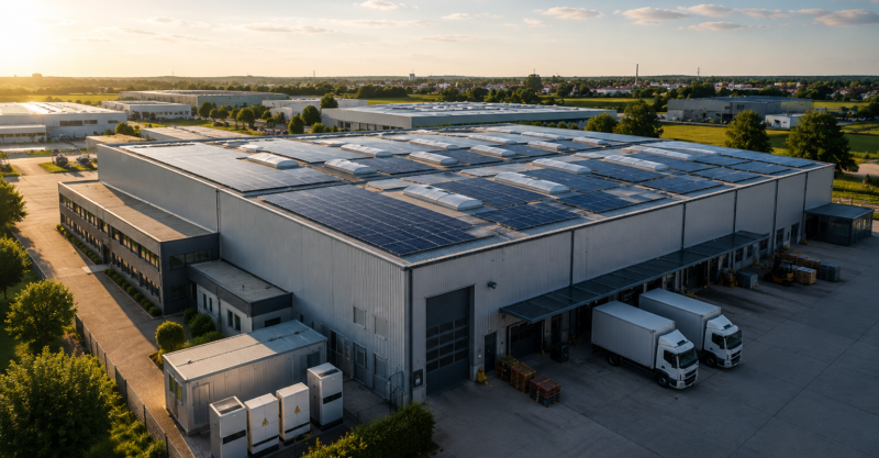 Modernes Industriegebäude mit großflächiger Photovoltaikanlage auf dem Hallendach, LKW-Ladezonen und Energiespeichern im Abendlicht – nachhaltige Solarenergie für Gewerbe und Industrie.