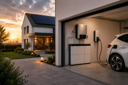 Modernes Einfamilienhaus mit Solaranlage auf dem Dach bei Sonnenuntergang in Dortmund – nachhaltige Energie und zeitgemäße Architektur.
