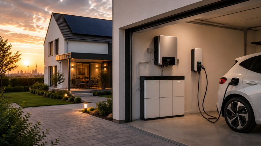 Modernes Einfamilienhaus mit Solaranlage auf dem Dach bei Sonnenuntergang in Dortmund – nachhaltige Energie und zeitgemäße Architektur.