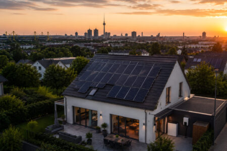 Modernes Einfamilienhaus mit Photovoltaikanlage auf dem Dach in Dortmund bei Sonnenuntergang – nachhaltiges Wohnen mit Solarenergie und Blick auf die Dortmunder Skyline.