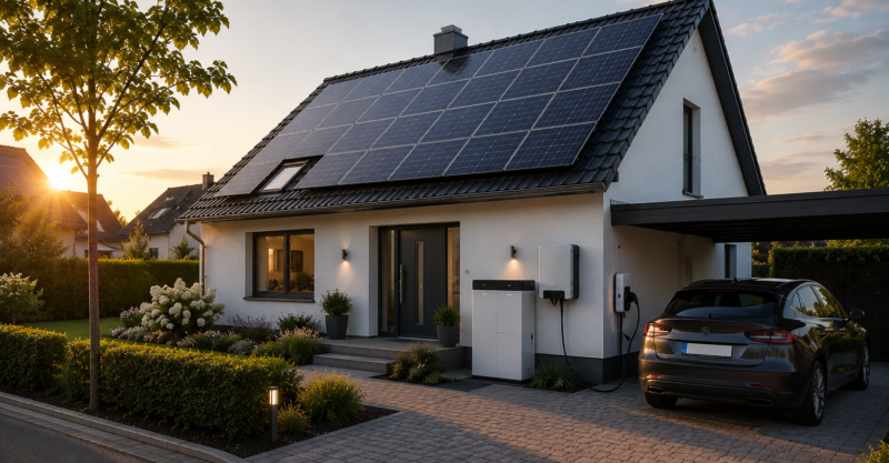 Modernes Einfamilienhaus mit Photovoltaikanlage, Stromspeicher und Wallbox im warmen Abendlicht – nachhaltige Energieversorgung für Privatkunden und Eigenheime.