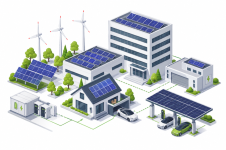 Isometrische Illustration von Gebäuden mit Photovoltaikanlagen, Stromspeicher, Windrädern und Ladeinfrastruktur