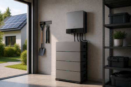 Modularer Batteriespeicher mit Wechselrichter in einem modernen Hauswirtschaftsraum neben einem Haus mit Photovoltaikanlage.