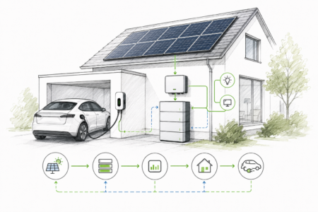 Skizze eines Einfamilienhauses mit Photovoltaikanlage, EcoFlow PowerOcean Stromspeicher, Wallbox und Elektroauto als vernetztes Energiesystem.
