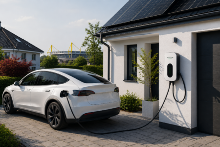 Elektroauto ohne Kennzeichen lädt an einer Wallbox vor einem modernen Einfamilienhaus mit Photovoltaikanlage auf dem Dach.