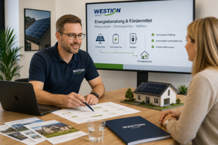 Energieberatungsgespräch zu Photovoltaikanlage, Stromspeicher und Wallbox mit Hausmodell und technischen Unterlagen im modernen Büro.