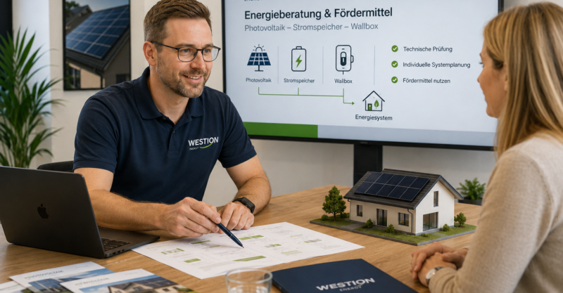 Energieberatungsgespräch zu Photovoltaikanlage, Stromspeicher und Wallbox mit Hausmodell und technischen Unterlagen im modernen Büro.