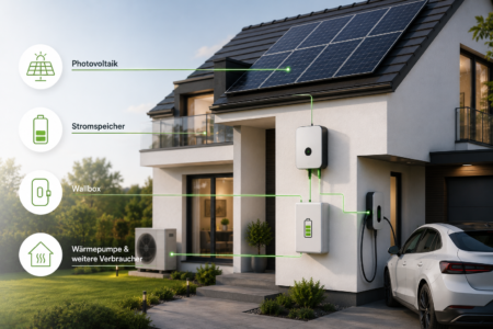 Modernes Einfamilienhaus mit Photovoltaikanlage, Stromspeicher, Wallbox und Wärmepumpe als vernetztes Energiesystem für private Haushalte.