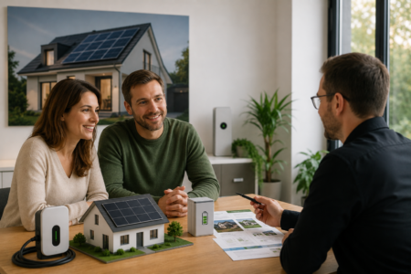 Beratungsgespräch zu Photovoltaik, Stromspeicher und Wallbox mit Hausmodell und moderner Energietechnik im hellen Büro.