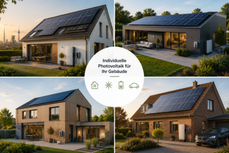 Vier unterschiedliche Wohngebäude mit individuell geplanten Photovoltaikanlagen, Stromspeicher und Wallbox in moderner Gartenumgebung.