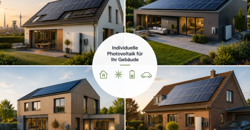 Vier unterschiedliche Wohngebäude mit individuell geplanten Photovoltaikanlagen, Stromspeicher und Wallbox in moderner Gartenumgebung.