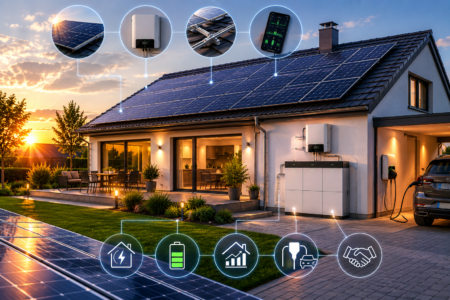 Modernes Eigenheim mit Photovoltaikanlage, Wechselrichter, Stromspeicher, Monitoring und Wallbox