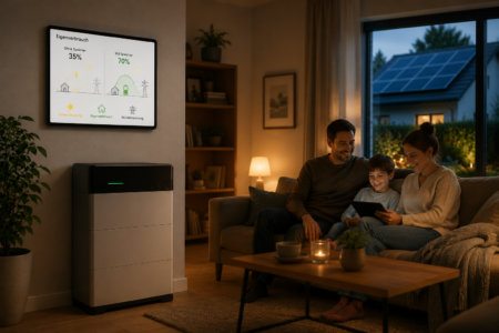 Familie nutzt abends gespeicherten Solarstrom im Wohnzimmer, während ein Stromspeicher und die Photovoltaikanlage im Hintergrund sichtbar sind.