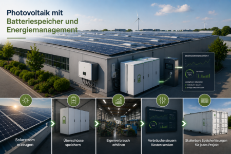 Gewerbliche Photovoltaikanlage auf einer großen Halle mit Batteriespeicher, Energieüberwachung und skalierbarer Speicherlösung.