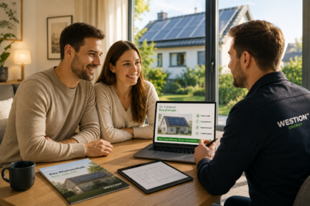 Beratungsgespräch zur Planung einer Photovoltaikanlage im Wohnbereich mit Blick auf ein Haus mit Solaranlage im Hintergrund.