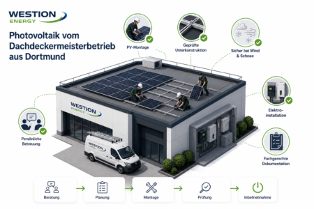 PV-Montage auf Flachdach durch Fachkräfte mit geprüfter Unterkonstruktion und Elektroinstallation