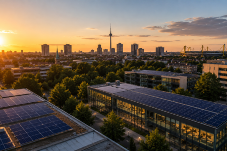 Photovoltaikanlagen auf modernen Bürogebäuden mit Blick auf die Dortmunder Skyline bei Sonnenuntergang – Solarenergie für Dortmund und das Ruhrgebiet.