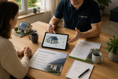 Persönliche Beratung zur Photovoltaikplanung für ein Einfamilienhaus mit Tablet, Modellhaus und Unterlagen auf einem Holztisch.