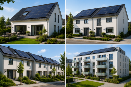 Verschiedene private Gebäude mit Photovoltaikanlagen auf den Dächern, darunter Einfamilienhaus, Doppelhaus, Reihenhäuser und Mehrfamilienhaus.