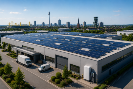 Gewerbehalle mit großer Photovoltaikanlage auf dem Dach vor Dortmunder Stadtlandschaft.
