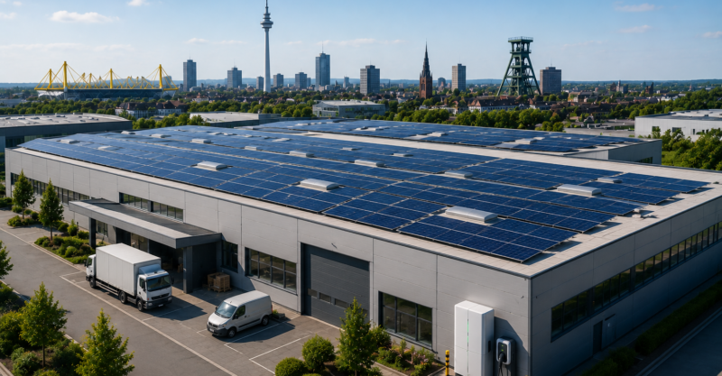 Gewerbehalle mit großer Photovoltaikanlage auf dem Dach vor Dortmunder Stadtlandschaft.