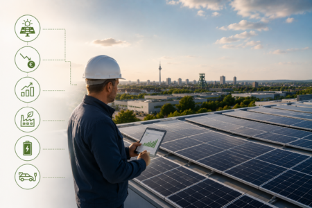 Techniker prüft eine gewerbliche Photovoltaikanlage auf einem Hallendach mit Blick über Dortmund und Industriegebiete.