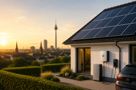 Moderne Photovoltaikanlage mit Stromspeicher und Wallbox an einem Haus mit Blick über Dortmund bei Sonnenuntergang.
