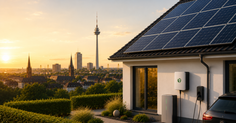 Moderne Photovoltaikanlage mit Stromspeicher und Wallbox an einem Haus mit Blick über Dortmund bei Sonnenuntergang.