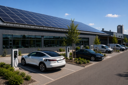 Gewerbegebäude mit großer Photovoltaikanlage auf dem Dach und Ladeinfrastruktur für Elektrofahrzeuge auf dem Firmenparkplatz.