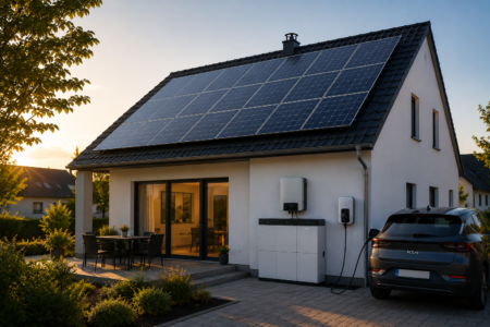 Modernes Eigenheim mit Photovoltaikanlage, Stromspeicher und Wallbox in Dortmund bei Sonnenuntergang