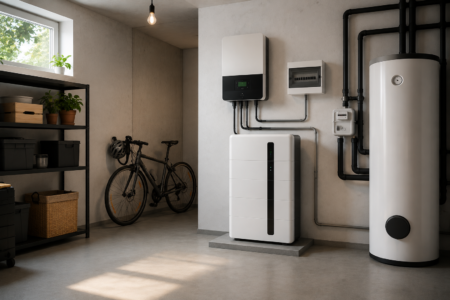 Moderner Stromspeicher mit Wechselrichter in einem Hauswirtschaftsraum zur effizienten Nutzung von Solarstrom im Eigenheim.