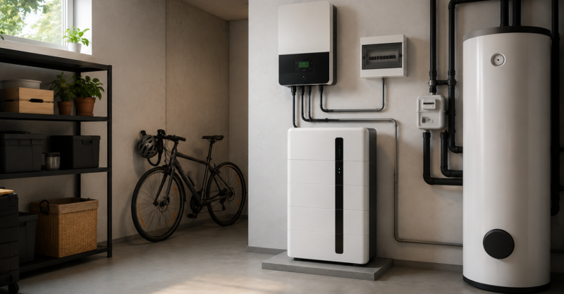 Moderner Stromspeicher mit Wechselrichter in einem Hauswirtschaftsraum zur effizienten Nutzung von Solarstrom im Eigenheim.