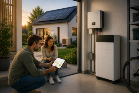 Moderner Batteriespeicher mit Wechselrichter im Hauswirtschaftsraum, während Hausbesitzer ihren gespeicherten Solarstrom per Tablet überwachen.