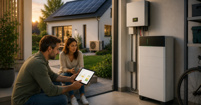Moderner Batteriespeicher mit Wechselrichter im Hauswirtschaftsraum, während Hausbesitzer ihren gespeicherten Solarstrom per Tablet überwachen.