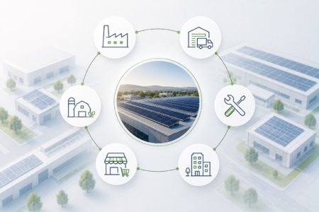 Abstrakte Übersicht verschiedener Unternehmenstypen rund um eine gewerbliche Photovoltaikanlage mit Symbolen für Industrie, Logistik, Werkstatt, Büro, Handel und Landwirtschaft.