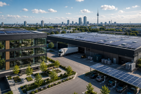 Moderner Industrie- und Bürokomplex mit Photovoltaikanlagen auf Dachflächen und Solar-Carports vor der Dortmunder Skyline.