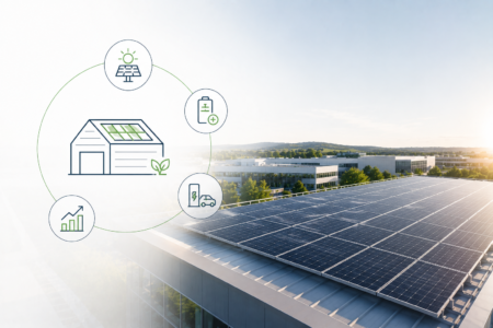 Gewerbedach mit Photovoltaikanlage und reduzierter Grafik für Speicher, Ladeinfrastruktur und Wirtschaftlichkeit.