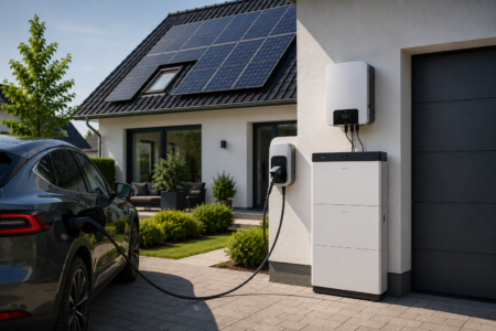 Elektroauto lädt an Wallbox vor Eigenheim mit Photovoltaikanlage und Stromspeicher