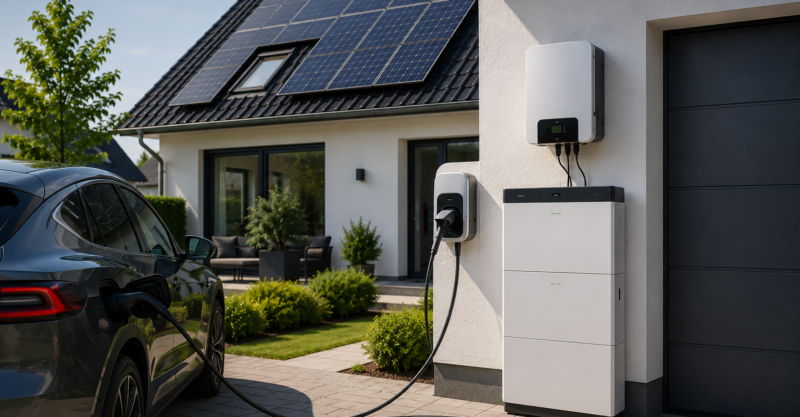 Elektroauto lädt an Wallbox vor Eigenheim mit Photovoltaikanlage und Stromspeicher