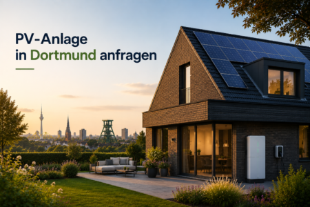 Modernes Backsteinhaus mit PV-Anlage, Stromspeicher und Blick auf Dortmund bei Sonnenuntergang.
