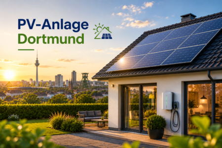 Moderne PV-Anlage auf einem Hausdach mit Stromspeicher und Wallbox vor der Dortmunder Skyline.