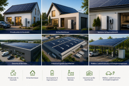 Übersicht verschiedener PV-Anlagen für private Haushalte, Einfamilienhäuser, Gewerbedächer, Industrieflächen und Ladeinfrastruktur mit Stromspeicher und Wallbox.