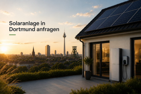 Moderne Photovoltaikanlage mit Stromspeicher und Wallbox an einem Einfamilienhaus mit Blick über Dortmund bei Sonnenuntergang.