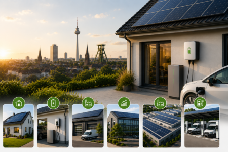 Übersicht verschiedener Einsatzbereiche für Solaranlagen in Dortmund mit privaten Wohnhäusern, Gewerbegebäuden, Industrieflächen und Ladeinfrastruktur.