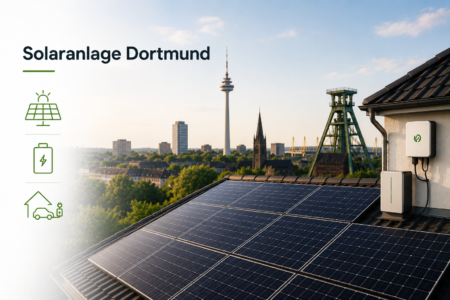 Moderne Photovoltaikanlage auf einem Hausdach mit Stromspeicher und Blick über Dortmund bei sonnigem Wetter.