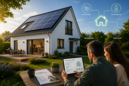 Modernes Einfamilienhaus mit Photovoltaikanlage, während ein Paar auf der Terrasse die Planung ihres individuellen Energiekonzepts mit Solarstrom, Speicher und Elektroauto prüft.