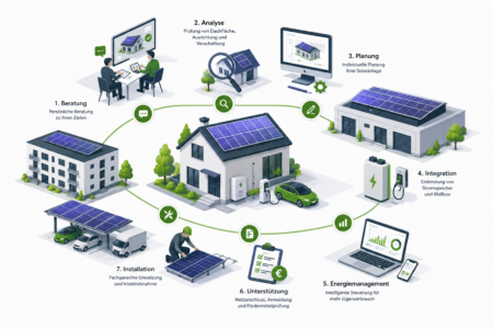Isometrische Illustration der Projektbegleitung für eine Solaranlage von Beratung und Dachanalyse bis zu Speicher, Wallbox, Fördermittelprüfung und Installation.