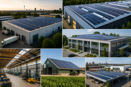 Collage verschiedener Gewerbegebäude, Hallen, Werkstätten und landwirtschaftlicher Betriebe mit Photovoltaikanlagen auf großen Dachflächen.