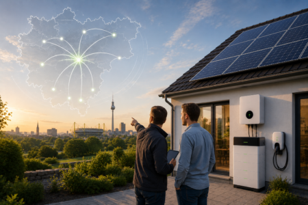 Beratung zu Stromspeicher und Photovoltaik vor einem Einfamilienhaus mit Solaranlage und Blick auf die Dortmunder Skyline.