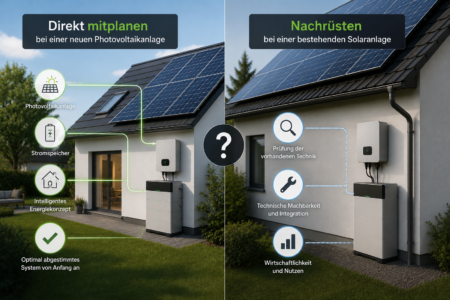 Vergleich zwischen einer neuen Photovoltaikanlage mit integriertem Stromspeicher und einer nachgerüsteten Speicherlösung an einem bestehenden Wohnhaus.